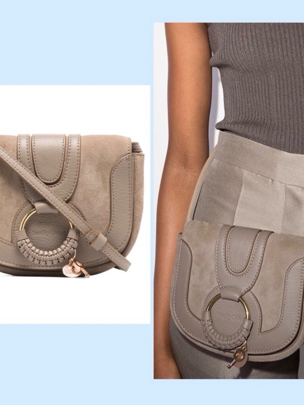 See By Chloe Taupe Suede & Leather Saddle Crossbody with Braided Ring